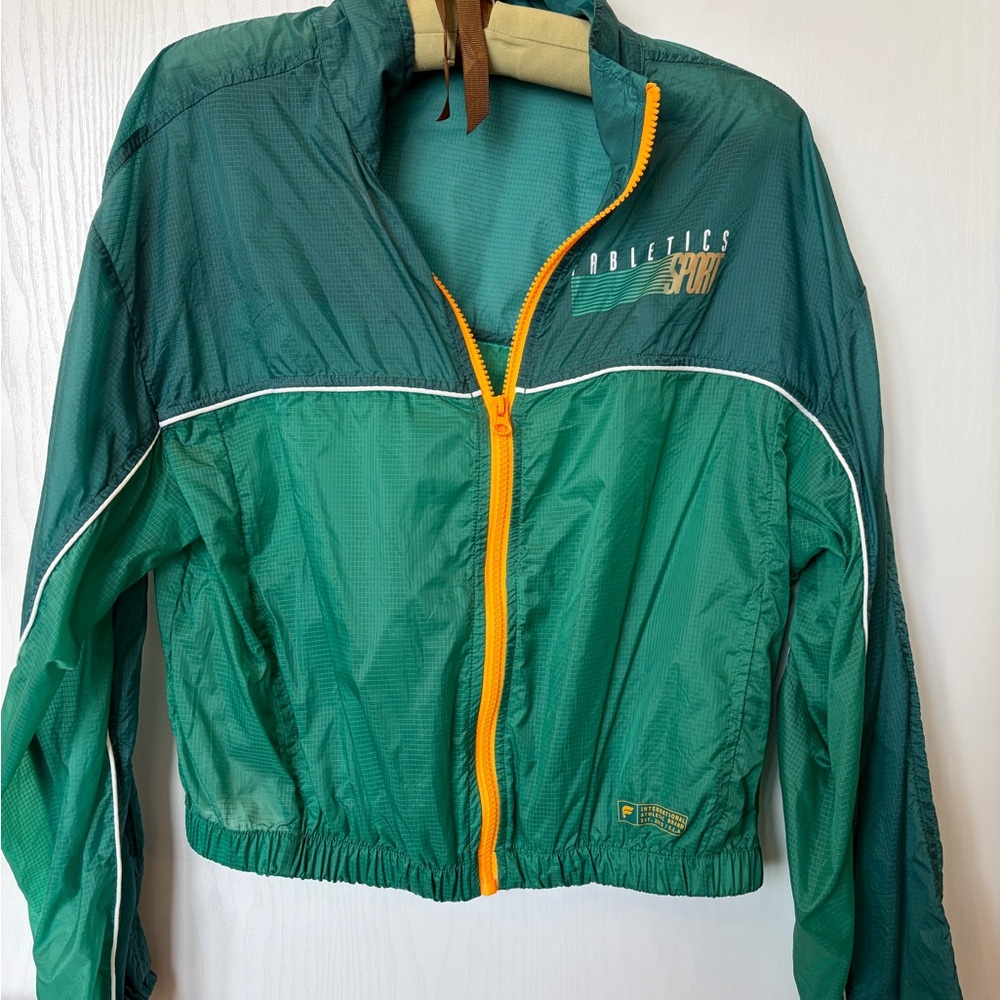 Fabletics Green Teal Windbreaker Jacket with Yellow Zipper